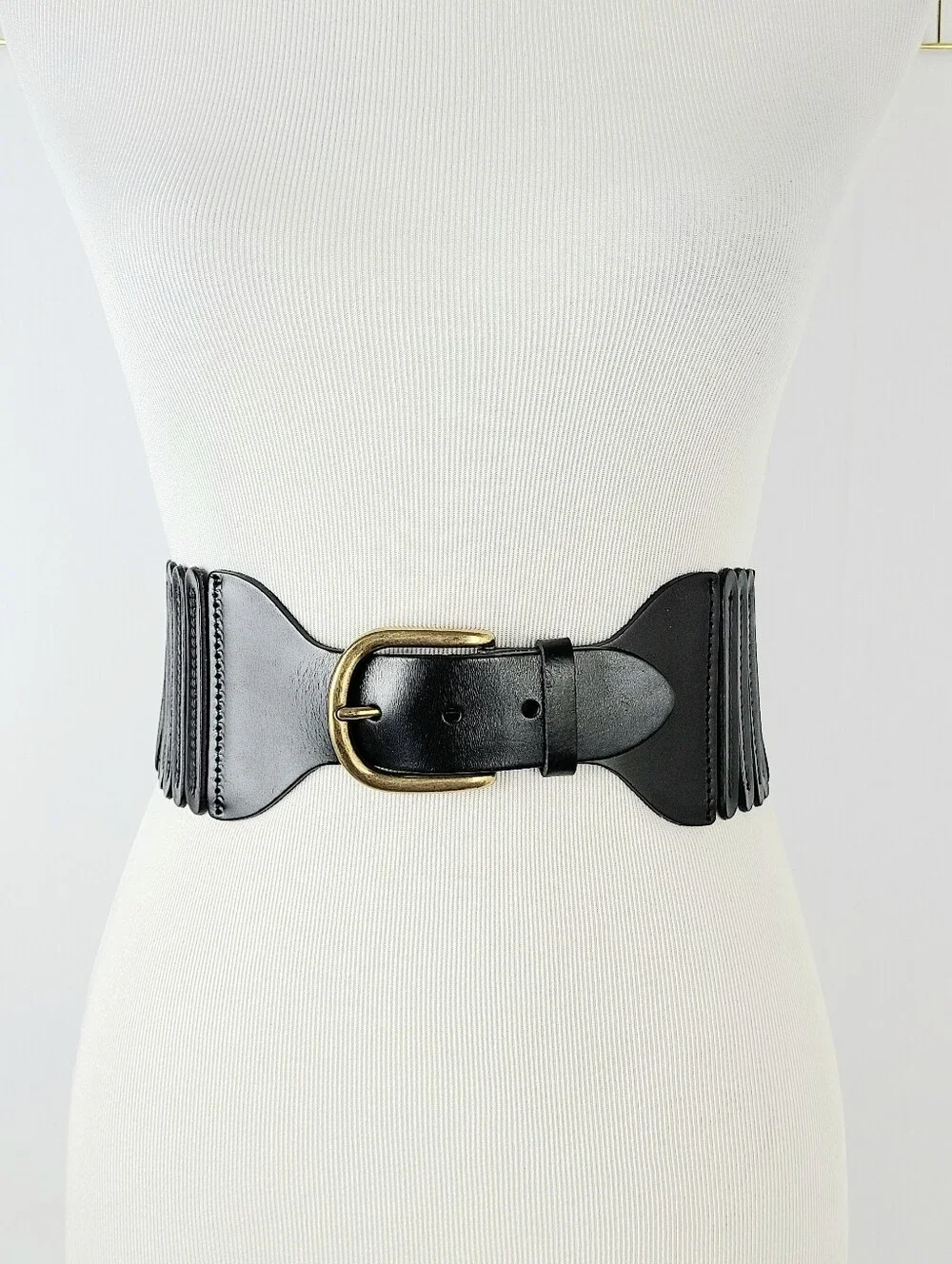 Anthropologie Tabitha Black Genuine Leather Wide Stretch Belt